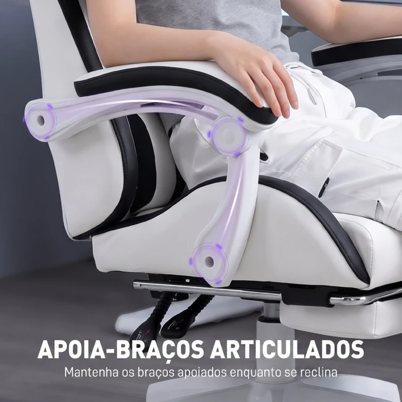 Vinsetto Cadeira Gaming de Couro PU com Altura Ajustável Reclinável 135° e Apoio para os Pés Retrátil 65x65x121-129 cm Branco e Preto