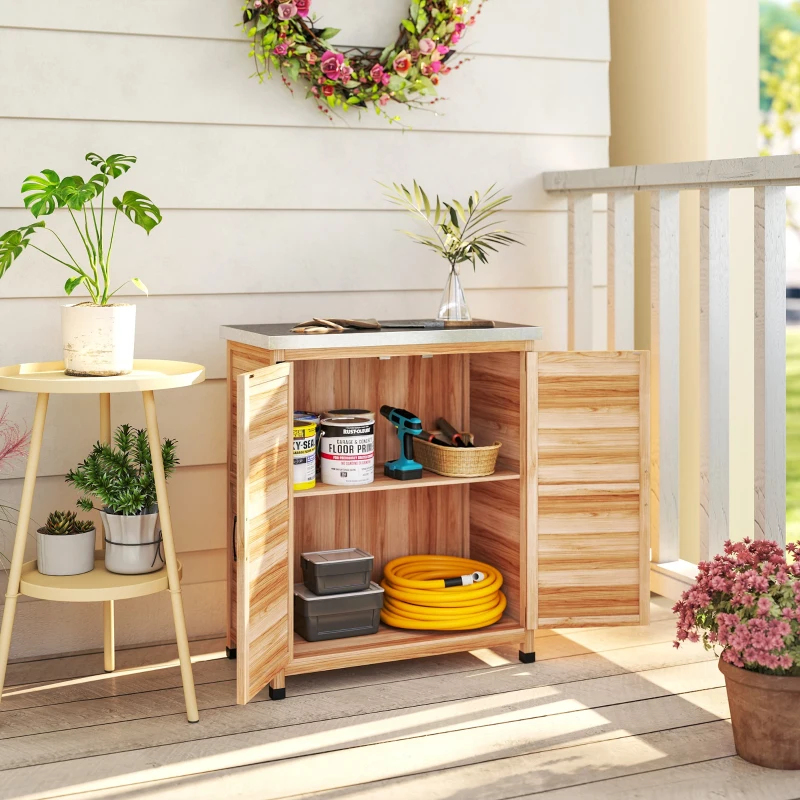 Outsunny Dulap Exterior cu Raft Intern și Banc de Lucru, din Lemn și Oțel Zincat, 79x43x92 cm, culoare lemn
