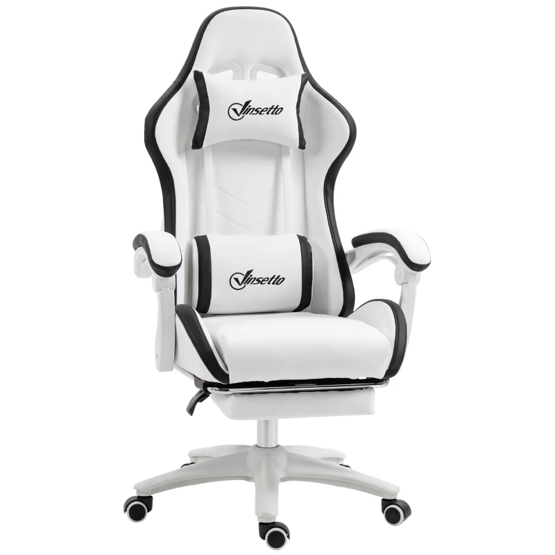 Vinsetto Cadeira Gaming de Couro PU com Altura Ajustável Reclinável 135° e Apoio para os Pés Retrátil 65x65x121-129 cm Branco e Preto