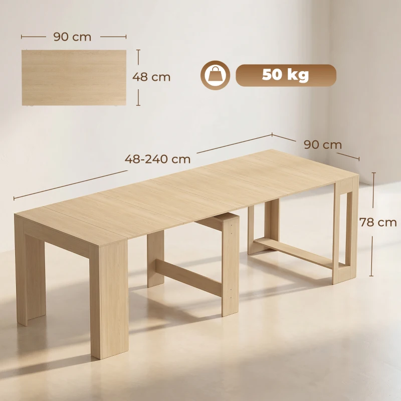 HOMCOM Uitschuifbare eettafel voor kleine ruimtes, om te bouwen tot console, zitplaatsen voor 10 personen, houtlook lichtbruin