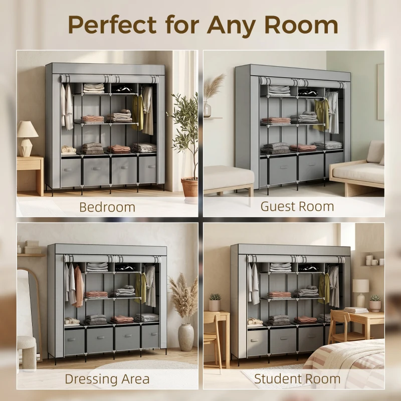 HOMCOM Fabric Wardrobe for Bedroom, Portable Cloth Wardrobe with 10 Compartments, 2 Hanging Rails and 4 Fabric Drawers, 166 x 42.5 x 169.5cm, Dark Grey