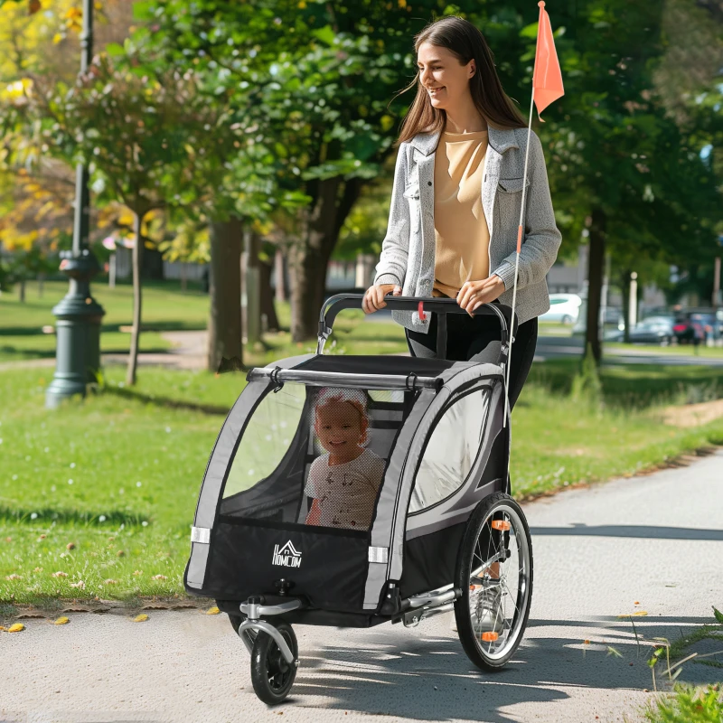 HOMCOM Kinderfahrradanhänger, Schiebewagen, mit Bremsen, klappbar, für 2 Kinder, Grau/Schwarz