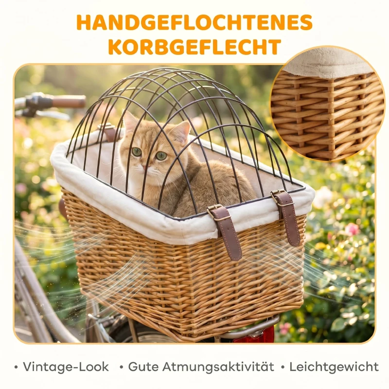 PawHut Fahrradkorb für Hunde & Katzen, Handgeflochtener Tierkorb mit Metallabdeckung & weichem Kissen, Hellbraun