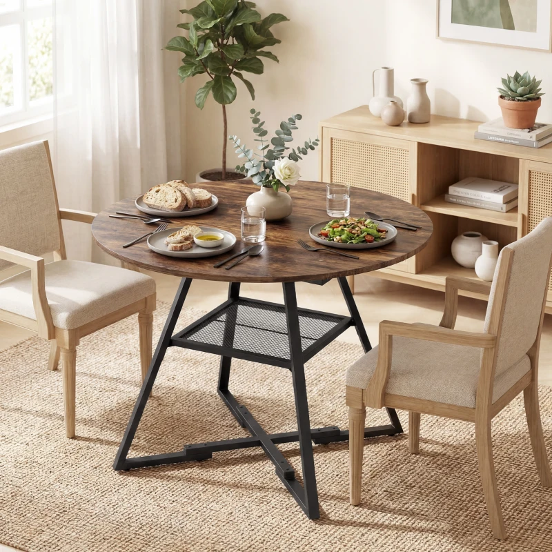 HOMCOM Mesa de Comedor Redonda para 4 Personas con Estante Marco Metálico para Sala de Estar Ø100x76 cm Marrón Rústico