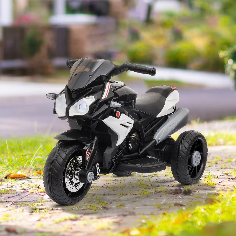 HOMCOM Elektro-Kindermotorrad, Lichter & Geräusche, 3 km/h, wiederaufladbar, Kunststoff & Metall, Schwarz/Weiß(m-10)