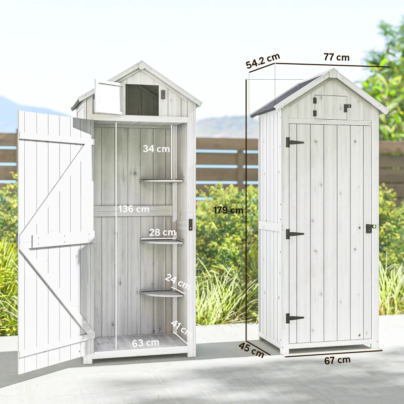 Outsunny Dulap pentru grădină exterior din lemn, Adăpost pentru unelte, 3 rafturi, 2 uși cu cleme, 77x54x179cm, Gri deschis