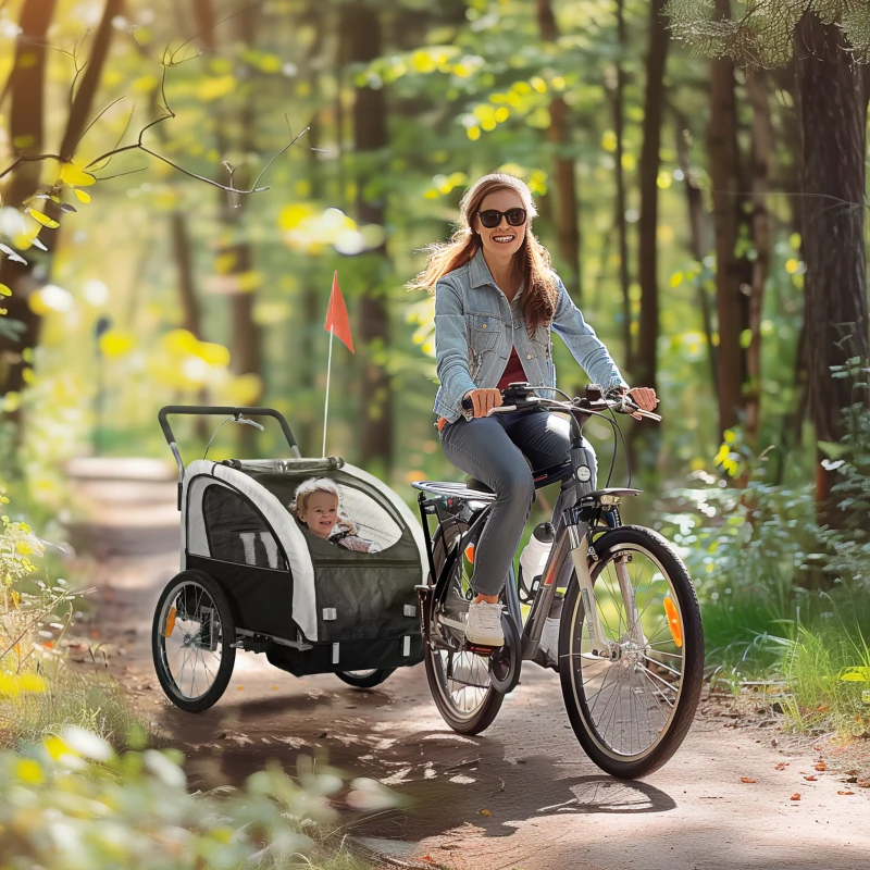 HOMCOM Remorque vélo enfant 2 en 1 avec ceinture de sécurité 5 points, réflecteurs, drapeau et rideau coupe-vent, noir