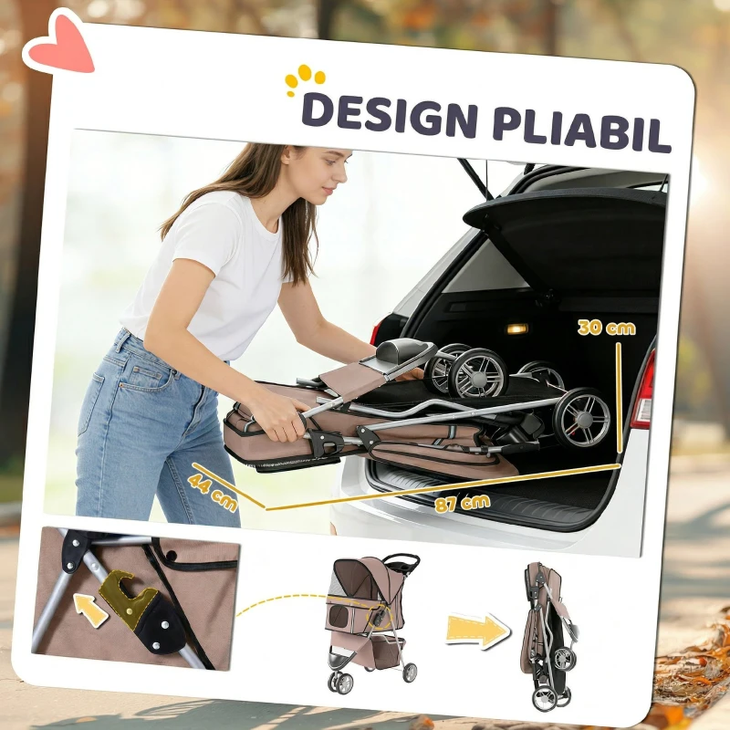 PawHut Cărucior Pliabil pentru Câini cu 3 Roți și Capotă, Maro