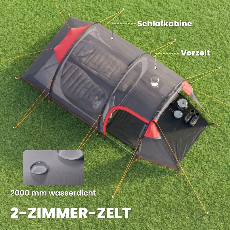 Outsunny Campingtent, Pop-up tent voor 2-3 personen, Voortent & Slaapgedeelte, Waterdicht, 426 x 206 x 154 cm, Grijs