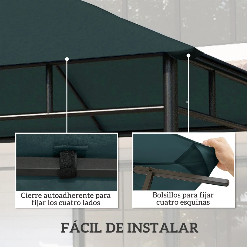 Outsunny Techo de Repuesto para Cenador, 3x3 m, Cubierta de Repuesto con 8 Orificios de Drenaje, Ventilación y Protección UV, SOLO Toldo de Recambio para Pabellón Gazebo, Verde Oscuro