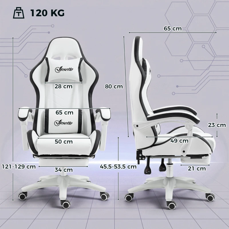Vinsetto Cadeira Gaming de Couro PU com Altura Ajustável Reclinável 135° e Apoio para os Pés Retrátil 65x65x121-129 cm Branco e Preto