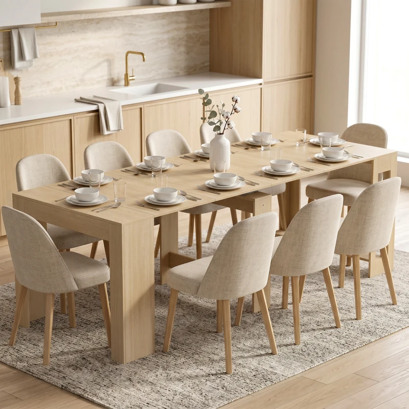 HOMCOM Uitschuifbare eettafel voor kleine ruimtes, om te bouwen tot console, zitplaatsen voor 10 personen, houtlook lichtbruin