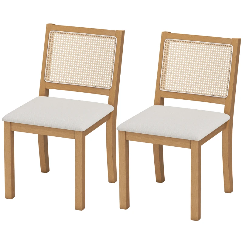 HOMCOM Set 2 sedie da pranzo con seduta imbottita e schienale effetto rattan, Rovere e Crema