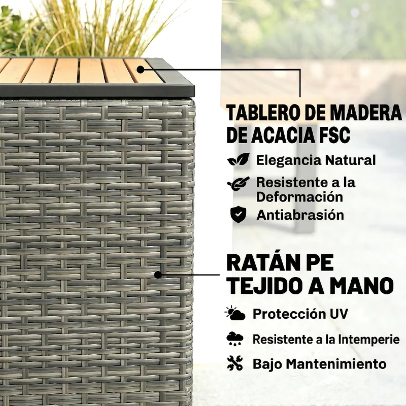 Outsunny Caja de Jardín 450 L Polyrattan Impermeable Caja para Cojines con Tapa de Madera FSC y Pistones de Gas Forro Interior
