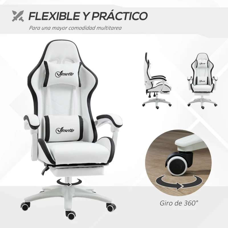 Vinsetto Silla Gaming Silla Gamer de Cuero PU Altura Ajustable Reclinable 135° Reposacabezas y Reposapiés 65x65x121-129 cm Blanco