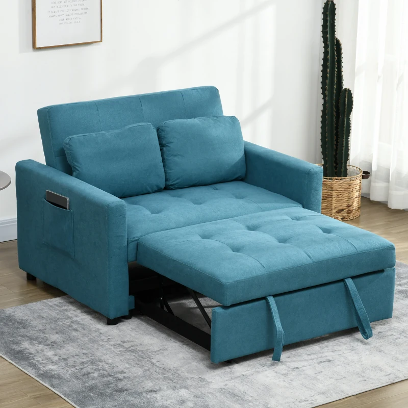 HOMCOM Loveseat Sofa Bed, Convertible Bed Settee with 2 Pillows, Side Pockets, Blue
