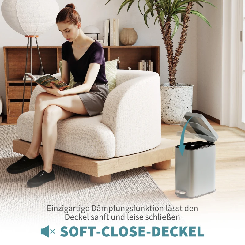 HOMCOM Metalen prullenbak, afvalbak, inhoud van 5 liter, met voetpedaal, met binnenemmer, grijs