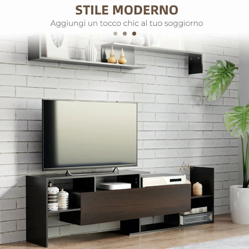 HOMCOM Mobile TV con mensola a muro, ripiani e armadietto, Nero e Marrone scuro