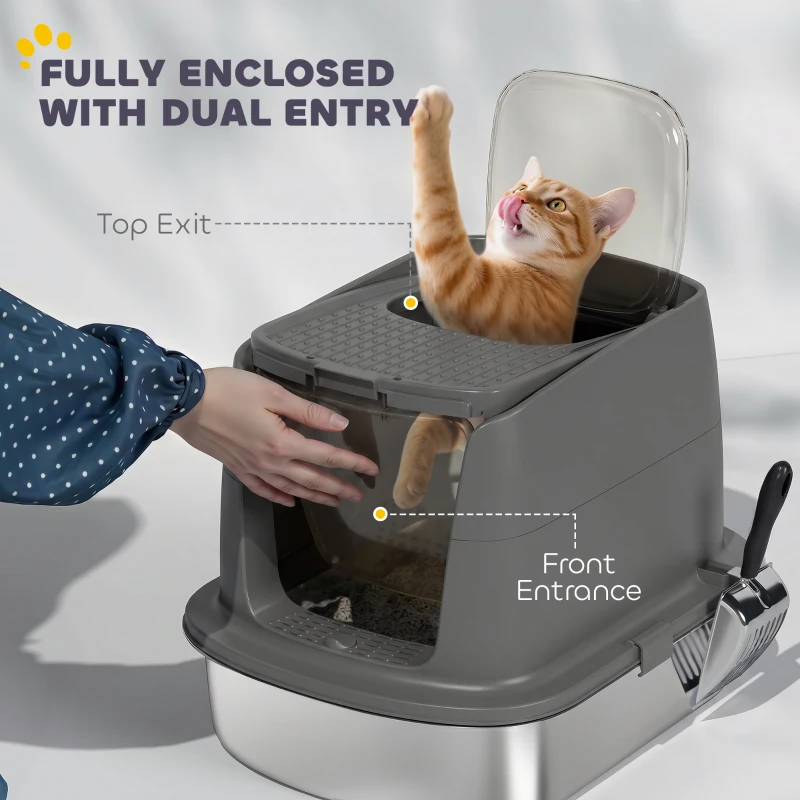 PawHut Large Stainless Steel Litter Box, Enclosed Metal Cat Litter Tray with Scoop, Deodoriser Bag, Front-Entry and Top-Exit