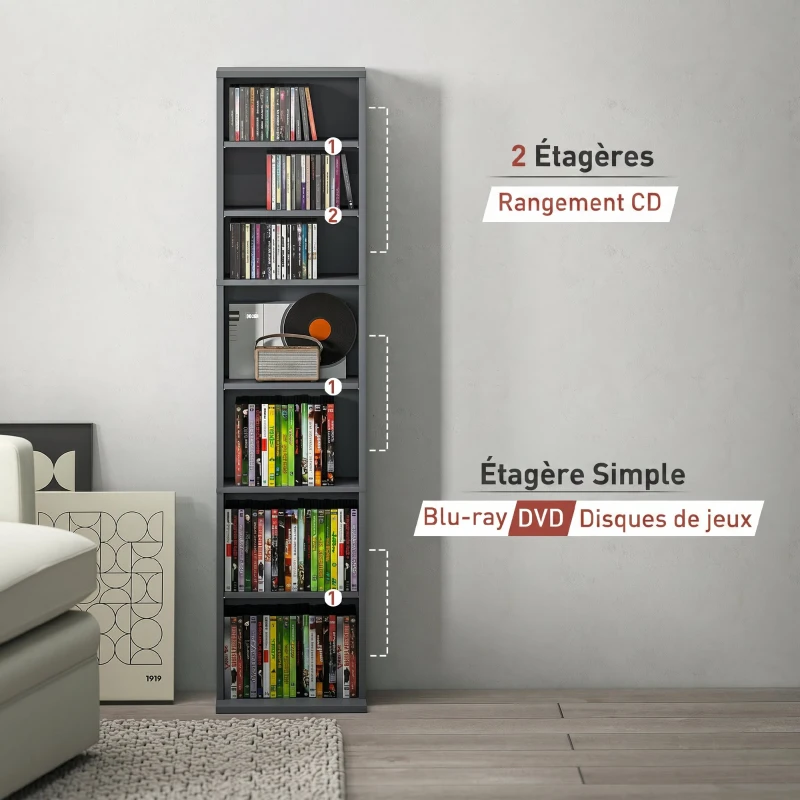 HOMCOM Rafturi pentru CD și DVD 9 compartimente și 6 rafturi reglabile capacitate max. 260 CD/120 DVD 33 x 24 x 140 cm gri