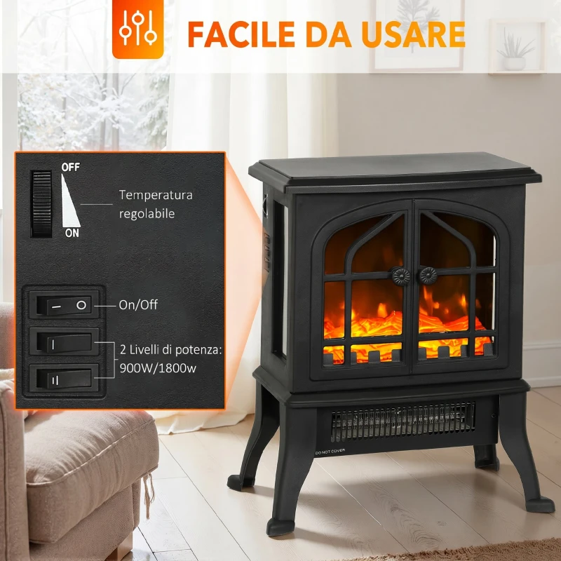 HOMCOM Camino Elettrico da Terra 900/1800W Vista su Tre Lati, Fiamma 3D e Termostato Regolabile 10-35°C, 30㎡, Nero