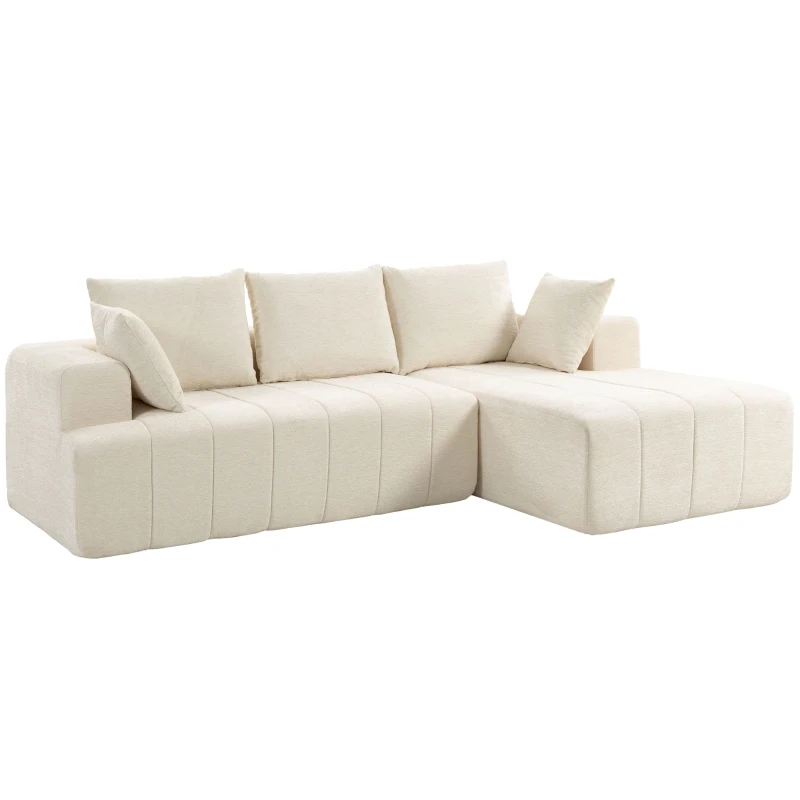 HOMCOM Canapea colțar 256 cm cu șezlong, canapea-extensibilă 3 locuri în chenille formă L, șezut și cotiere late, bej