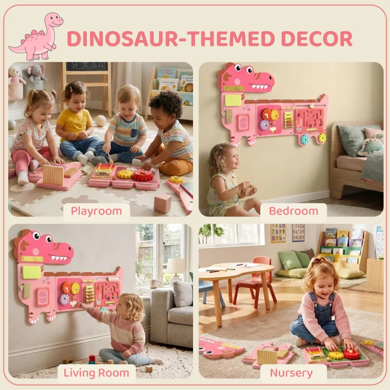 AIYAPLAY Busy Board Panels, Wall Mounted Montessori Inspired Busy Board, Toddler Learning Centre Dinosaur Theme, Pink