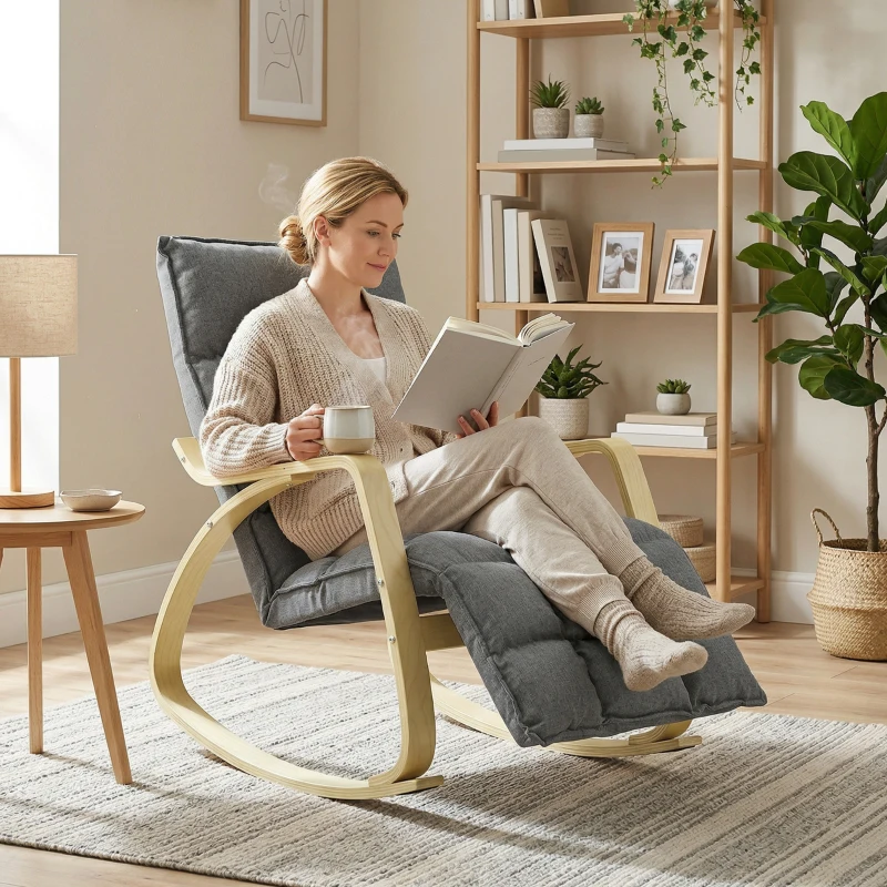 HOMCOM Schaukelstuhl mit verstellbarer Fußstütze, gepolsterter Relaxstuhl, Grau