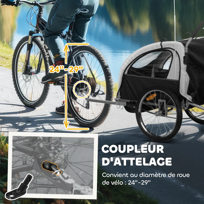 HOMCOM Remorque vélo enfant 2 en 1 avec ceinture de sécurité 5 points, réflecteurs, drapeau et rideau coupe-vent, noir