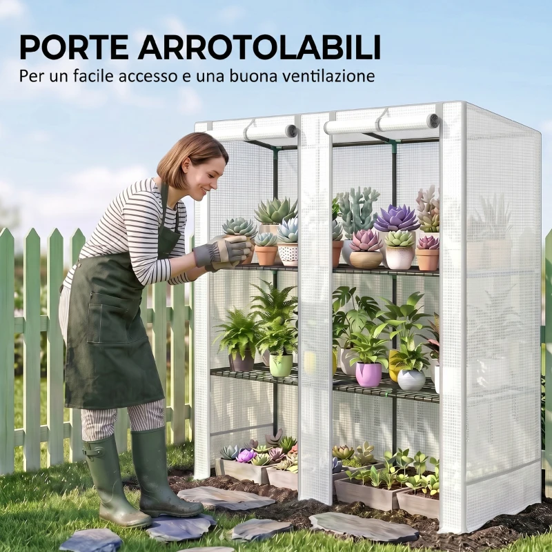 Outsunny Serra da Giardino con 2 Porte Avvolgibili, Scaffale a 3 Ripiani e Tasche Laterali, Bianco e Grigio