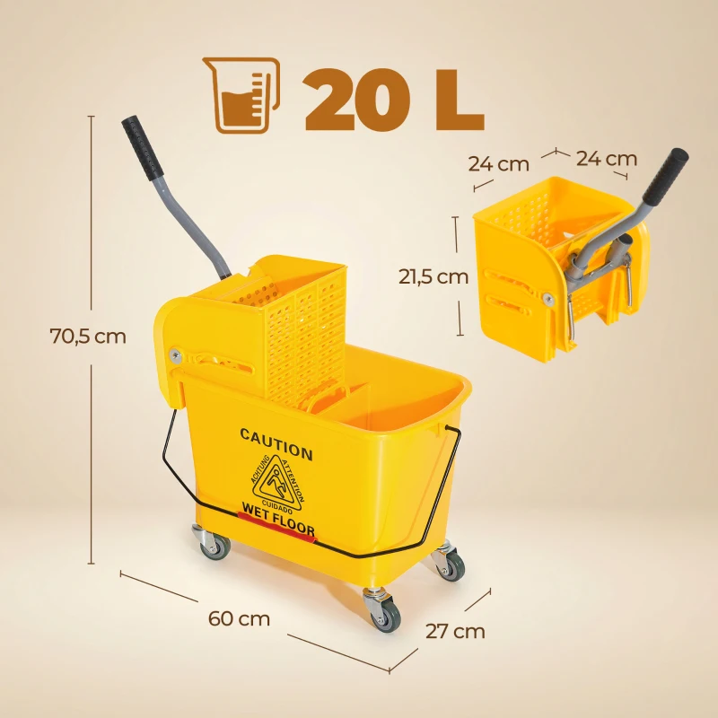 HOMCOM Cubo de Fregar 20L con Ruedas y Escurridor Cubo para Fregona con Separador de Agua 60x27x70,5 cm Amarillo