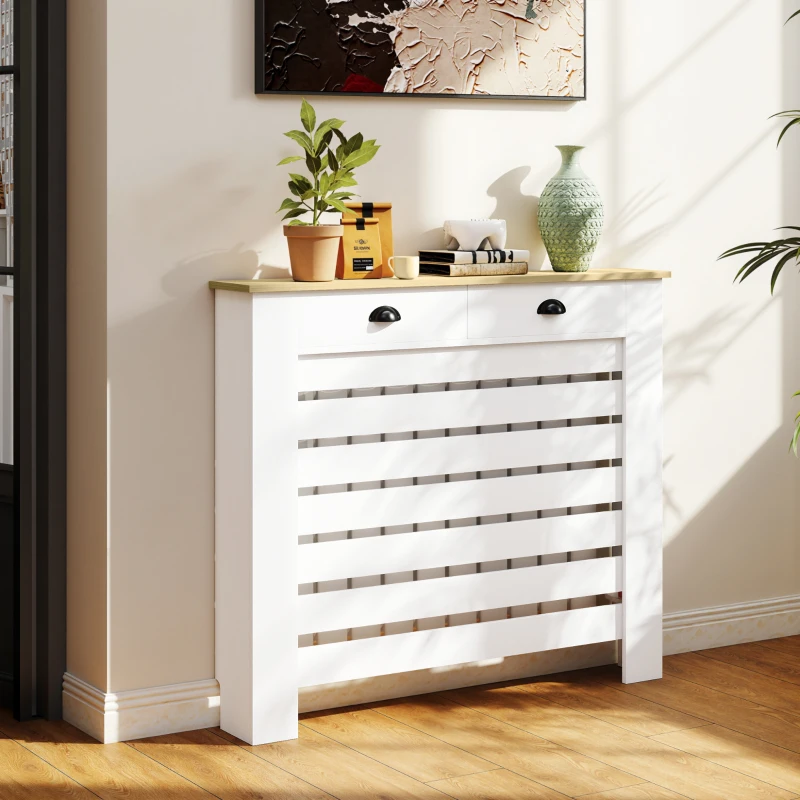 HOMCOM Cubre Radiadores de MDF con 2 Cajones Cubierta para Radiador para Salón Dormitorio Pasillo 111x19x95,5 cm Blanco