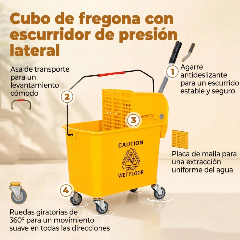 HOMCOM Cubo de Fregar 20L con Ruedas y Escurridor Cubo para Fregona con Separador de Agua 60x27x70,5 cm Amarillo