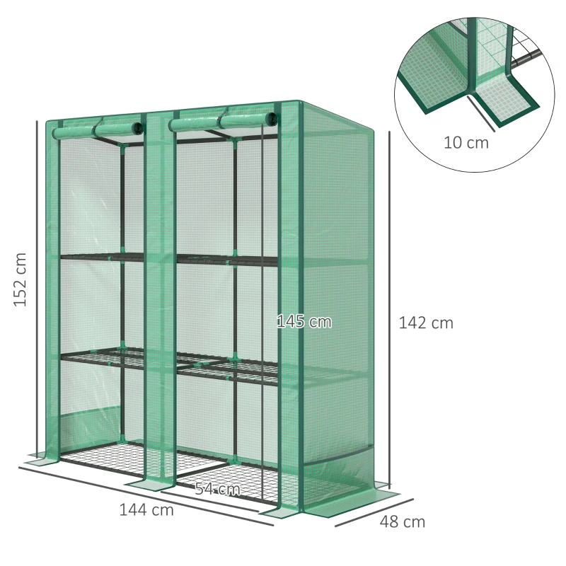 Outsunny Serre de jardin avec étagères métalliques à 3 niveaux serre de balcon couverture PE toit incliné 144 x 48 x 152 cm vert