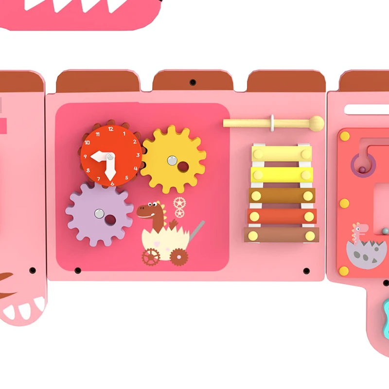 AIYAPLAY Busy Board Panels, Wall Mounted Montessori Inspired Busy Board, Toddler Learning Centre Dinosaur Theme, Pink