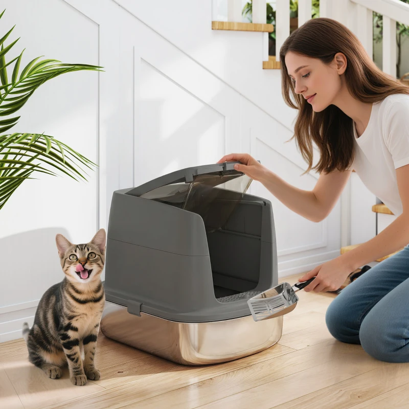 PawHut Large Stainless Steel Litter Box, Enclosed Metal Cat Litter Tray with Scoop, Deodoriser Bag, Front-Entry and Top-Exit
