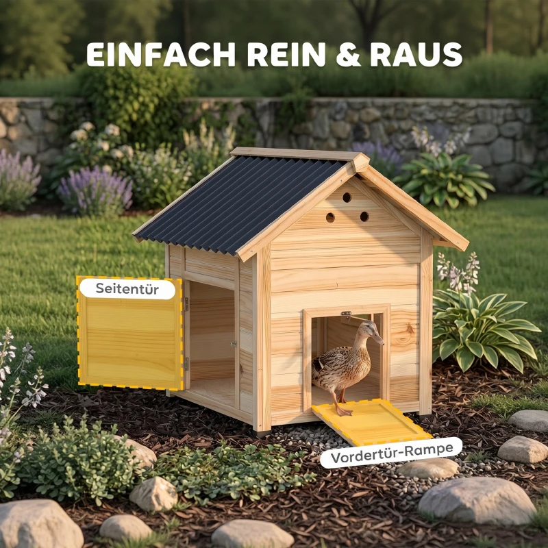 PawHut Entenhaus Entenstall Kleintierstall, wetterbeständig, 2 Eingänge, 2 Rampen, 78 x 90 x 92 cm, 'Natur + Schwarz(m-5)