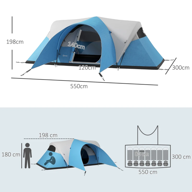 Outsunny 3000mm Waterproof Camping Tent for 7 Man, Family Tent with Porch and Sewn in Groundsheet, Portable with Bag, Blue