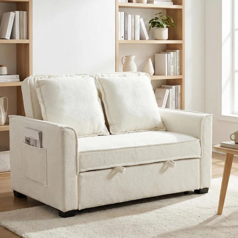 HOMCOM Sofá Cama 2 Plazas 3 en 1 con Respaldo Ajustable Bolsillos Laterales 2 Almohadas para Sala de Estar Blanco Crema