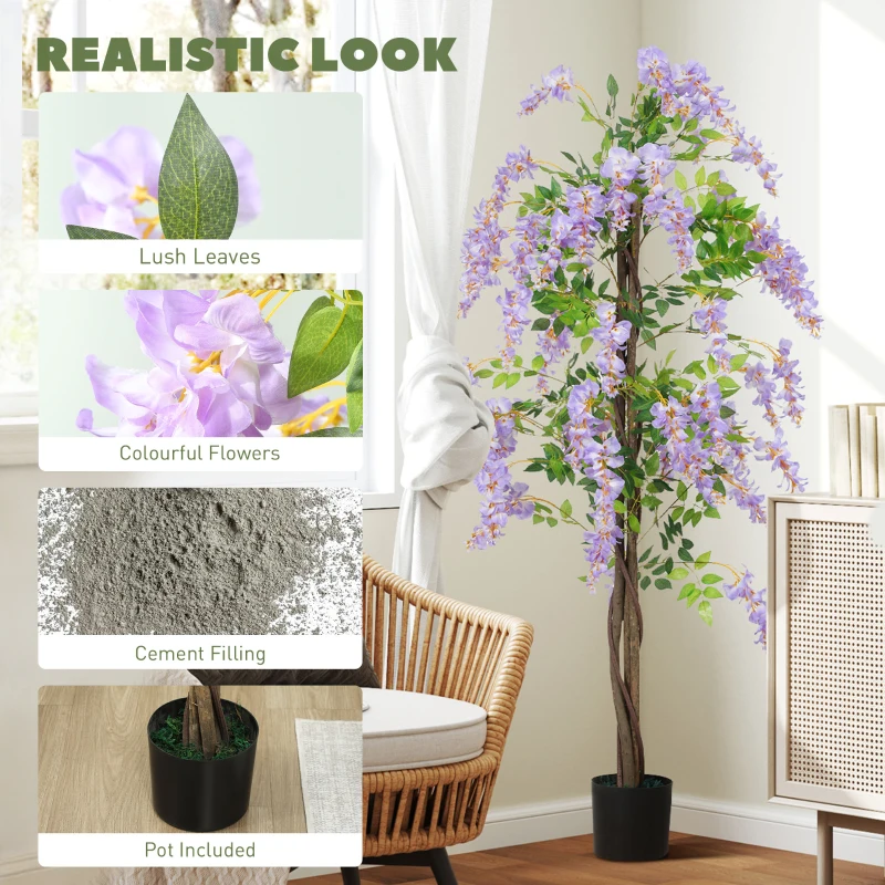 HOMCOM 180cm Ficus Artificial Tree, Fake Wisteria Tree in Nursery Pot, Indoor Greenery Tall Faux Floor Plant for Living Room Office Decor, Purple