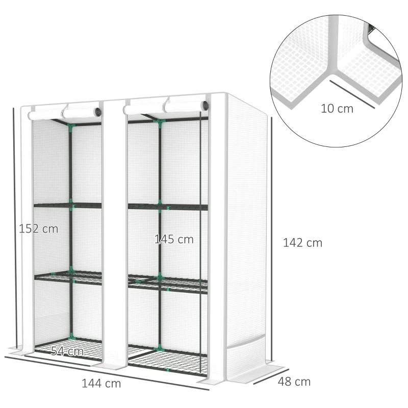 Outsunny Serra da Giardino con 2 Porte Avvolgibili, Scaffale a 3 Ripiani e Tasche Laterali, Bianco e Grigio