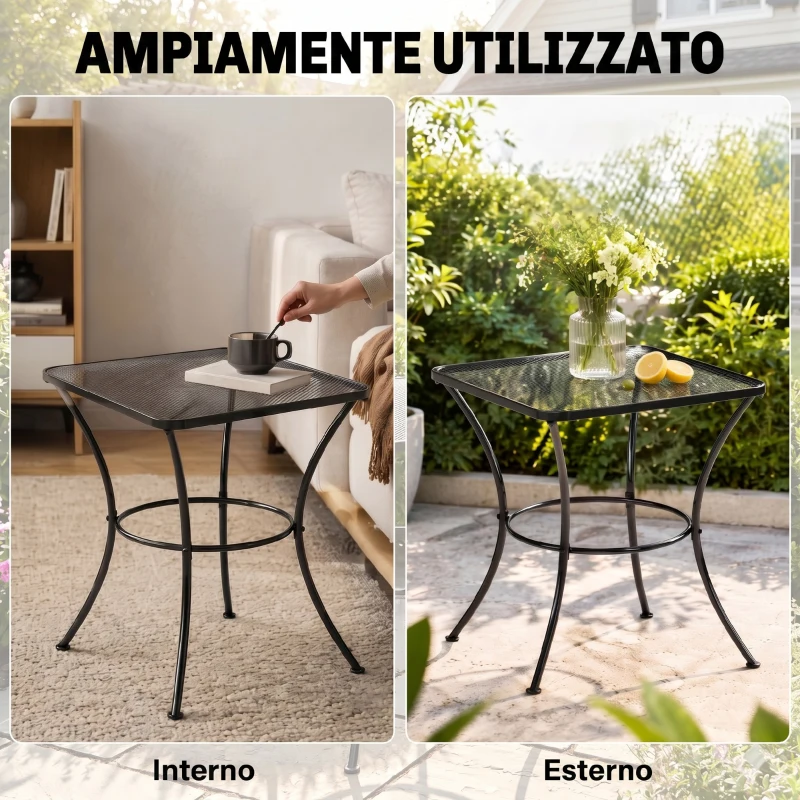 Outsunny Tavolino da Giardino Quadrato in Acciaio con Piano Traforato, 45x45x50 cm, Nero