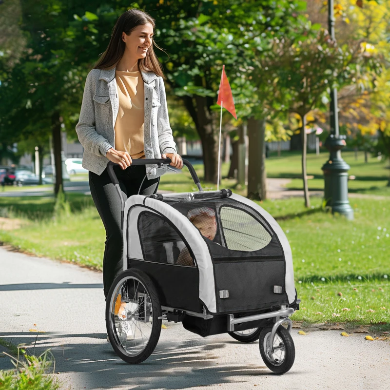 HOMCOM Remorque vélo enfant 2 en 1 avec ceinture de sécurité 5 points, réflecteurs, drapeau et rideau coupe-vent, noir