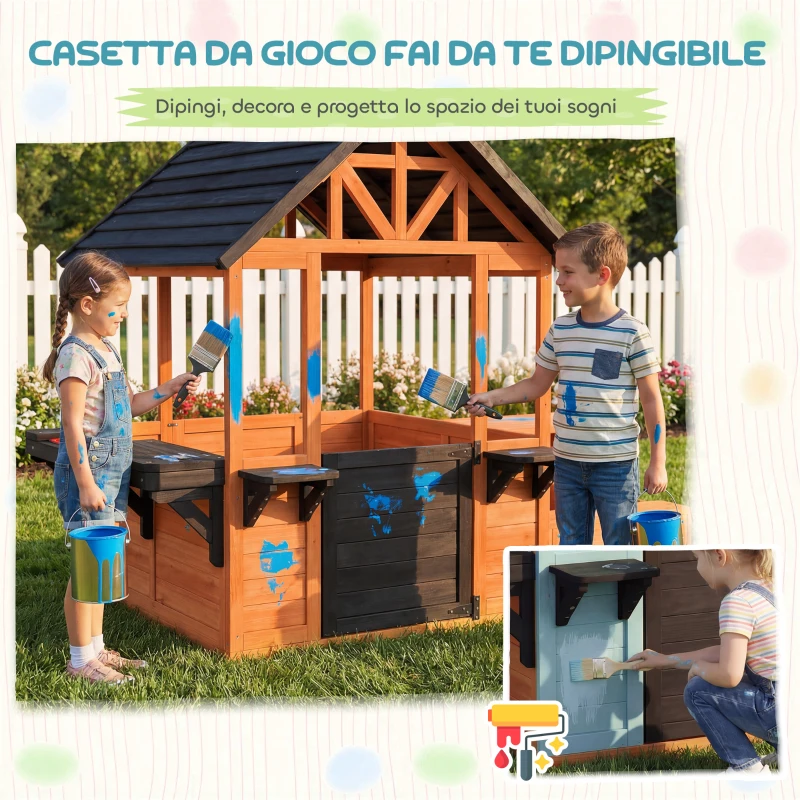 AIYAPLAY Casetta da Giardino per Bambini in Legno con Tavolino e Panche, 166.3x112.5x139.7 cm, Marrone Chiaro e Nero