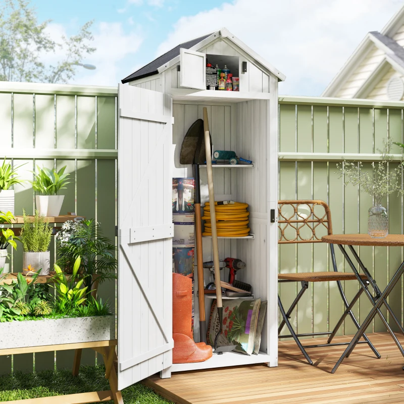Outsunny Dulap pentru grădină exterior din lemn, Adăpost pentru unelte, 3 rafturi, 2 uși cu cleme, 77x54x179cm, Gri deschis