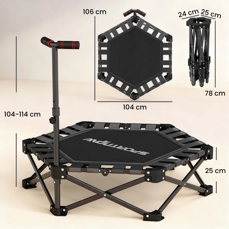 SPORTNOW Trampolim de Fitness Dobrável 104 cm com Barra Ajustável em 3 Alturas e Bolsa de Transporte Preto