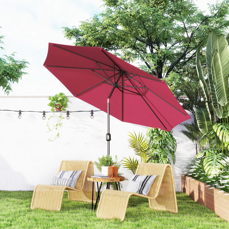 Outsunny Chapéu de Sol de Jardim Ø295x250cm com Manivela Chapéu de Sol Exterior com Mecanismo de Inclinação e Mastro Desmontável de Metal para Terraço Piscina Pátio Vinho