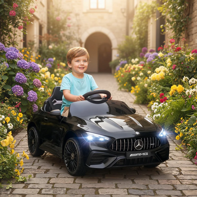 AIYAPLAY Kinder-Elektroauto, Mercedes-Design, 12V Motoren, Fernbedienung, LED-Lichter, Musik, für 3-6 Jahren Kinder, Schwarz