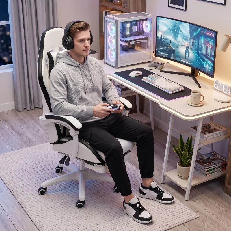 Vinsetto Cadeira Gaming de Couro PU com Altura Ajustável Reclinável 135° e Apoio para os Pés Retrátil 65x65x121-129 cm Branco e Preto
