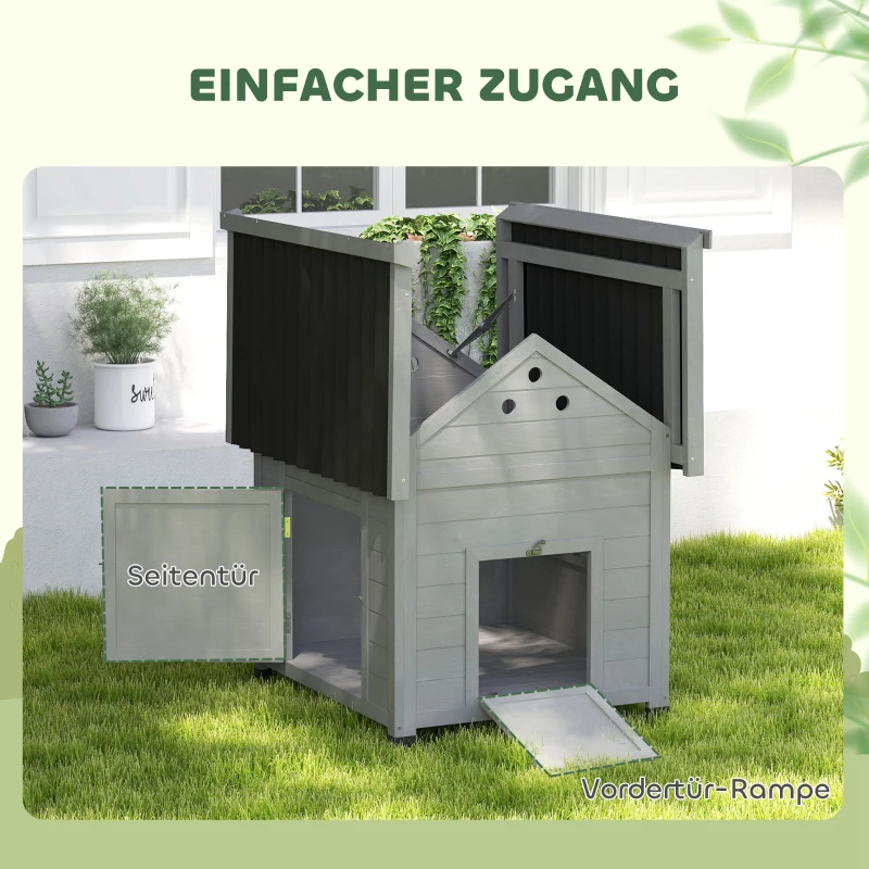 PawHut Entenhuis Entenstall Klein Dierhuis, weerbestendig, 2 ingangen, 2 hellingen, 78 x 90 x 92 cm, Lichtgrijs + Zwart